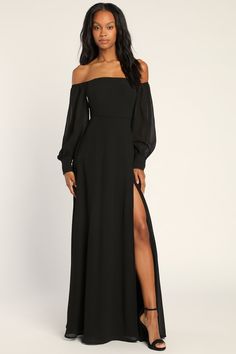 Instantly feel like you're in a fairy tale with the Lulus Feel the Romance Black Off-the-Shoulder Maxi Dress! Lightweight gauzy woven fabric shapes this spectacular dress that has an off-the-shoulder neckline and a fitted princess-seamed bodice (with hidden no-slip strips and supportive boning), all framed by long balloon sleeves with button cuffs and elastic at the shoulders. A high fitted waist tops a cascading maxi skirt with a thigh-high side slit to give this gown a little bit of a flirty f Black Tie Gowns, Black Wedding Guest Dresses, Fall Wedding Outfits, Winter Wedding Guest Dress, Black Bridesmaids, Fall Wedding Guest Dress, Balloon Sleeve Dress, Winter Party Dress, Black Bridesmaid Dresses