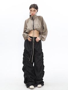 Size(cm) Length Waist Hip Thigh S 114 64 100 63 M 115 66 104 64 L 116 68 108 65 style: street Women's trousers waist height: natural waist color: black Season of the Year: Fall 2022 Thickness: Regular Clothing style details: pleated Length: trousers Women's pants type: Wide leg pants Material composition: other materials Beige Cargo Style Parachute Pants For Fall, Beige High-waist Parachute Pants For Streetwear, High Waist Beige Parachute Pants For Streetwear, Beige High Waist Parachute Pants For Streetwear, Loosely Fitted Khaki Parachute Pants For Fall, Baggy Khaki Harem Pants For Streetwear, Urban High-waisted Baggy Parachute Pants, Spring Techwear Baggy Parachute Pants, Solid Color Harem Pants For Spring Streetwear