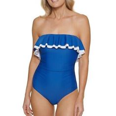 Tommy Hilfiger Gulf Blue Strapless Flounce One-Piece Swimsuit, Us 6 New With Tags Retails $98 Removable Padding Support Shelf Adhesive To Help Suit Top Stay Put Ruched At Sides For A Slimming Effect 4 Way Stretch Uv Protection Up To 50+ Upf/Spf Nylon/Spandex/Polyester 2083 Flattering, Contouring, Formfitting, Beach, Pool, Summer, Designer, Contemporary, Modern, Swim, Cute, Sexy, Flattering, High End, Luxury, Designer Premium Swimwear Bathing Suit, Flower Print, Cruise Wear, Nautical, Tropical, Bright, Vacation, Travel, Vacay, Summer, Swim, Resort Wear, Beachy, Water, Pool, Lake, Surf, Boating, Tanning, Sunbathing, Swimmie, Swimmy, Swimsuit, Bathing Suit, Bikini, One Piece, Two Piece, Set, Tommy Hilfiger Swimsuit, Strapless Bathing Suits, Tie Swimsuit, One Piece Swimsuit White, Swimsuit Collection, Plunging One Piece Swimsuit, Halter One Piece Swimsuit, Striped One Piece, Red Swimsuit