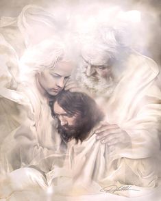 an image of jesus and mary in the midst of white hair, holding each other