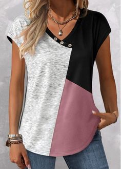 Size:S;Size:M;Size:L;Size:XL;Size:XXL;Color:Pink;Package Contents:1 X T Shirt;Occasion:Other;Style:Casual; Women T Shirt Sewing Pattern, Vneck Tshirt Sewing Pattern, Button Decor, Trendy Tops For Women, Plus Size Kleidung, Refashion Clothes, Trendy Tops, Upcycle Clothes, Fashion Tops