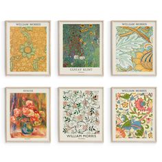 four framed art prints with different designs and colors on them, each featuring an image of flowers