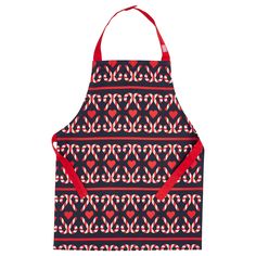 a red and black apron with hearts in the center on a white background is shown