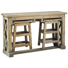 two wooden stools sitting next to each other