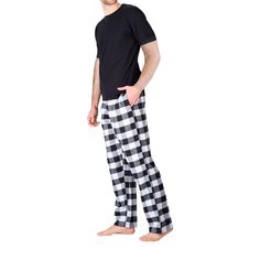 Slip into a restful slumber with this irresistibly cozy cotton-bend pajama set that features a short sleeve t-shirt and plaid flannel pants. Made from soft and durable cotton for ultimate comfort. Short sleeve crew neck shirt and flannel pants offer stylish yet relaxed look. Convenient drawstring waistband and pockets on pants. Ideal for any occasion, such as Christmas, Father's Day, or birthdays. Perfect for lounging at home or a cozy night in.