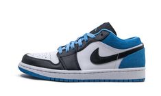 The Air Jordan 1 Low “Laser Blue” is the low-top version of Michael Jordan’s signature shoe in an eye-catching colorway that was released during summer 2020.  Laser Blue dotted suede detailing can be found on the collar and heel.  The suede construction contrasts the white leather base that is visible on the perforated toe and mid-panel.  The forefoot, eyelets, and Swoosh on the mid-panel are finished off in smooth black leather.  Jordan Brand adds light blue shoelaces that pop against the black Authentic Jordans, Sneakers Jordans, Blue Jordans, Amazing Shoes, Shoes Retro, Nike Models, Fitting Room, Nike Dunk High, Hype Shoes