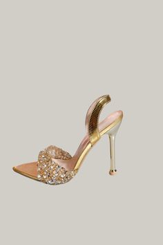 Elevate your style with our High-Heeled Pointed-Toe Metallic Rhinestone Sandals. These glamorous shoes feature intricate rhinestone details and an open toe design, perfect for showing off your pedicure. With a sleek stiletto heel and an ankle strap for added support, these sandals are both fashionable and functional. Made with high-quality materials such as PU leather lining and insole, as well as a durable PVC outsole, these sandals are sure to make a statement and elevate any outfit. In a beau Elegant High Heel Sandals With Rhinestones, High Heel Sandals With Rhinestones For Events, Party Sandals With Rhinestones And Single Toe Strap, Glamorous Embellished Sandals With Single Toe Strap, Gold Sandals With Rhinestones And Open Heel, Gold Sandals With Rhinestones For Events, Party Heels With Rhinestones And Single Toe Strap, Glamorous Open Toe Sandals With Rhinestones, Glamorous Single Toe Strap Heels With Rhinestones