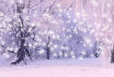 a snowy scene with trees and lights in the snow