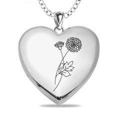 She'll love the floral details of this darling Personalized heart locket. Fashioned sterling silver, this heart-shaped style features the birth flower you select etched along the front side. See drop down menu and flower chart for options. Further customize the piece with either two photos or a photo and one line of text - up to 10 characters in length - set and inscribed along the inside. All photo pieces are scratch resistant, 100% waterproof, and are available in high resolution color or blac Flower Chart, All Photo, Peoples Jewellers, Photo Heart, Birth Flower, Heart Locket, Birth Flowers, Flower Photos, 1 Month