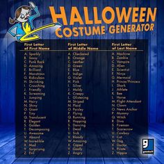 the halloween costume generator is on display in front of a blue background with an orange and yellow sign