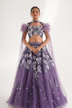 Lehenga Set Purple Sequined Dress For Diwali, Purple Sequined Sets For Party, Purple Sequined Party Sets, Purple Sequin Party Sets, Purple Sequin Sharara For Diwali, Lavender Anarkali Set For Party, Eid Sequinned Purple Sets, Fitted Lavender Set With Zari Work, Eid Purple Sequin Sets