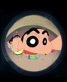 an animated cartoon character is peeking out from behind a round hole in the ground with other characters around him