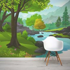 a wall mural with a river running through it and trees on both sides, along with mountains in the background