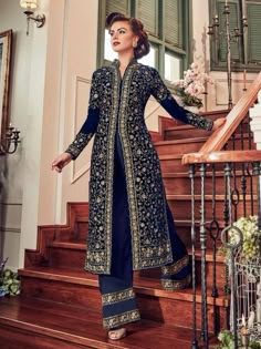 Velvet Palazzo, Velvet Anarkali, Gown With Jacket, Navy Blue Gown, Anarkali Lehenga, Palazzo Style, Lehenga Suit, Gown Suit, Palazzo Suit