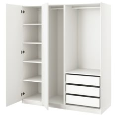 an open white closet with drawers and shelves