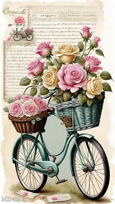 a painting of a bicycle with roses in the basket