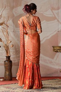 Rust orange banarasi georgette pre-draped sharara saree with circular motifs embroidery. Comes with a banarasi brocade blouse with cutdana hand work. - Aza Fashions Fitted Bollywood Style Pre-draped Saree For Festive Occasions, Traditional Fitted Pre-draped Saree For Navratri, Designer Wear Pre-draped Saree With Self Design For Navratri, Festive Draped Silk Sets, Festive Silk Pre-draped Saree, Festive Draped Sets With Zari Work, Festive Draped Set With Sheer Dupatta, Festive Orange Pre-draped Saree, Fitted Palazzo Set With Zari Work In Traditional Drape