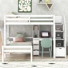 a white loft bed sitting next to a desk