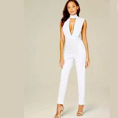 New With Tag Nwt Bebe Size 4 White Color Invited Somewhere Fancy? This Chic Jumpsuit Has A Modern Mock Neck And A Plunge Cutout Neckline. Hidden Back Zip. Back Hook-And-Eye Closure. 97% Polyester, 3% Spandex Fitted White V-neck Jumpsuits And Rompers, Chic White V-neck Bodysuit, Chic High Waist White Bodysuit, Chic White High Waist Bodysuit, White Workwear Bodysuit, Elegant White High Waist Bodysuit, Elegant White High-waist Bodysuit, White Fitted Bodysuit For Workwear, Chic White Bodysuit For Date Night