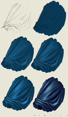 four different shades of blue fabric on a white sheeted paper with an image of a flower in the middle