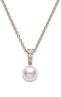 Mikimoto Akoya Cultured Pearl and Diamond Pendant – 18K Yellow Gold PPA403DKThe chain of this necklace is 18 inches long, but it can also be worn at 16 inches and features an 8mm Akoya cultured pearl with .16ct of diamonds set in 18K yellow gold. Proud To Be, Cultured Pearls, Diamond Pendant, Toronto, Yellow Gold, Pendant, Yellow, Gold