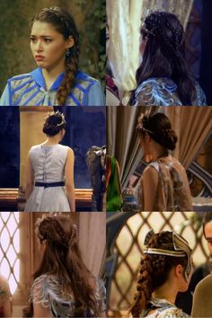 several pictures of different people in dresses and hair styles, one is wearing a tiara