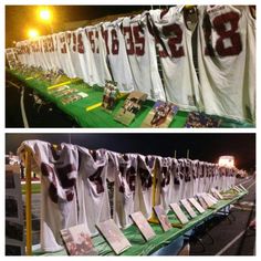 two pictures of banners with numbers on them hanging from the side of a football field