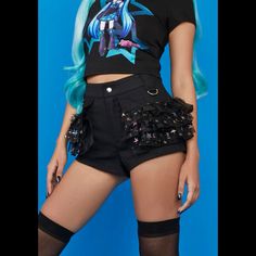 Dollskill X Hatsune Miku Star Bright Ruffle Shorts. Black Shorts With Ruffle Sides And Back. The Ruffles Are Tulle With Rainbow Stars. Brand New With Tags, No Rips, No Holes, No Stains, No Defects. Size Xxl Xx Large. Dollskill Hatsunemiku, Star Brute, Anime, Kawaii Rainbow Stars, Rainbow Star, Ruffle Shorts, Anime Kawaii, Shorts Black, Hatsune Miku, Dolls Kill, Black Shorts, Black Blue