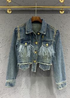 Spring Denim Jacket With Fringe, Bohemian Denim Jacket With Frayed Hem, Casual Medium Wash Denim Jacket With Fringe, Trendy Fringe Denim Jacket, Fringe Denim Jacket In Medium Wash, Trendy Medium Wash Denim Jacket With Fringe, Blue Denim Vest With Frayed Hem For Fall, Blue Outerwear With Tassels For Spring, Spring Blue Outerwear With Tassels