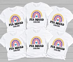 six t - shirts with the words fit squad and school name in different colors on them