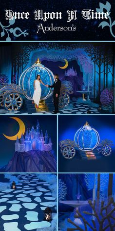 an animation scene with cinderella and prince in the background