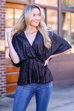 S / Black Sequins of Events V-Neck Top - Madison and Mallory Sparkly Blouse, Sequin Blouse, Going Out Tops, Glitz And Glam, V Neck Tops, The Star, Peplum Top, Final Sale, Short Sleeves Tops