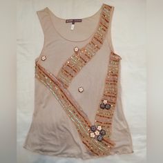 Halebol Sequin Embroidery Tank Top Size S Very Rare, Beautiful And Unique Top New Without Tags Fitted Embellished Embroidered Top For Summer, Fitted Embellished Beige Tops, Fitted Embroidered Beige Top, Beaded Beige Tops For Summer, Sleeveless Embellished Beige Top, Beige Embellished Sleeveless Top, Summer Beaded Beige Tops, Summer Beige Beaded Tops, Summer Embellished Multicolor Embroidered Top