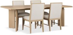 a dining table with four chairs and a white back drop down chair in front of it