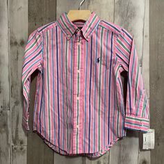 Bubble Gum Pink Striped Button Down Brand New Cute Fitted Shirt With Buttons, Pink Collared Tops With Button Closure, Pink Long Sleeve Shirt With Buttons, Pink Button-up Tops With Button Closure, Cute Button-up Shirt With Details, Playful Tops With Button Closure For Spring, Playful Pink Cotton Shirt, Cute Pink Button-up Tops, Preppy Pink Collared Top