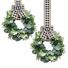 Faux Kitchen Cabinet Wreaths, 2 Pieces Small Pecuniary Eucalyptus Wreath 10 Inch Farmhouse Wreath Mini Kitchen Cabinet Wreaths for Door Window Chair Wall Decor (Black White Buffalo Plaid) ❀The pretty wreath set package includes 2 pieces of Faux Kitchen Cabinet Wreaths, each cabinet wreath comes with a faux burlap black and white plaid bow for your decorating needs everywhere. ❀Size to Fit Cabinets:Each Faux Kitchen Cabinet Wreaths measures about 25cm/10" outside diameter, 11cm/4.3" inside diamet Mini Kitchen Cabinet, Kitchen Cabinet Wreaths, Cabinet Wreaths, Boxwood Wreath Christmas, Window Chair, Porch Wall, Swag Wreath, Pretty Wreath, Boxwood Wreath