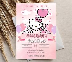 a hello kitty birthday party card with balloons