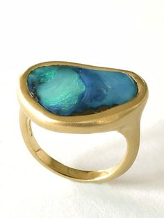 Contemporary Dalben Design Blue Green Australian Boulder Opal Yellow Gold Ring For Sale Modern Yellow Gold Enamel Ring Gift, Modern Yellow Gold Opal Ring Gift, Modern Blue Opal Ring Gift, Modern Blue Opal Ring For Gift, Gold Emerald Ring With Smooth Bezel As Gift, Gold Emerald Ring With Smooth Bezel For Gift, Blue Emerald Ring With Polished Finish For Gift, Gift Blue Emerald Ring With Polished Finish, Blue Opal Ring With Bezel Setting For Gift