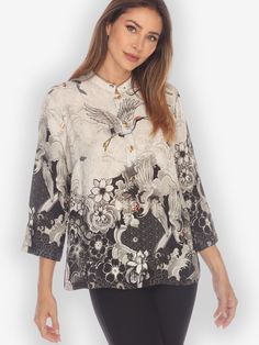 Black White Crane Wave Silk Blend Blouse – CITRON CLOTHING Patterned Formal Tops For Spring, Printed 3/4 Sleeve Blouse, White Printed Half Sleeve Blouse, Patterned Printed Blouse With 3/4 Sleeves, Formal White Printed Tops, Elegant Blouse With 3/4 Sleeves For Daywear, Elegant Half Sleeve Blouse For Daywear, Patterned Blouse With 3/4 Sleeves, Elegant Top With 3/4 Sleeves For Daywear