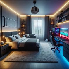 a bedroom with a bed, desk and television in the corner is lit up by blue lights