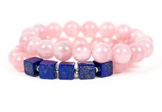 "Lapis Lazuli with Rose Quartz natural gemstone bracelet. The bracelet is made of beautiful genuine 10mm high-quality Madagascar Rose Quartz round beads combined with high-quality 8mm Lapis Lazuli squares separated by small Sterling Silver rondells. Please indicate your desired bracelet size. Rose Quartz is the most important crystal for the heart. Some say it helps to attract love and encourages proper self-love. The listing is only for the Lapis Lazuli/Rose Quartz combination bracelet. The Ros Rose Quartz Gemstone Beaded Bracelets As Gift, Rose Quartz 8mm Bead Jewelry As Gift, Rose Quartz 8mm Beads Jewelry Gift, Handmade Gemstone Jewelry, Lapis Lazuli Bracelet, Gold Vermeil Jewelry, Gemstone Beads Jewelry, Rose Quartz Bracelet, Gemstones Jewelry