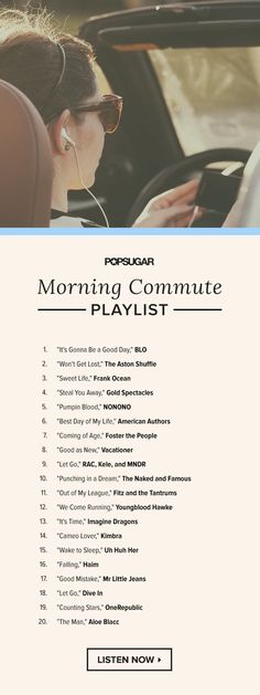 a woman driving a car with the words morning commute playlist written on it