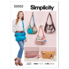 a woman standing in front of three purses and one bag with the word simpl city on it