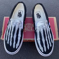 Custom Skeleton Feet X-Ray Slip Ons – BlvdCustom Custom Vans Slip On, Vans Slip Ons, White Slip On Vans, Custom Vans Shoes, Vans Slip On Shoes, Halloween Shoes, Red Vans, Skeleton Bones, Shoe Ideas