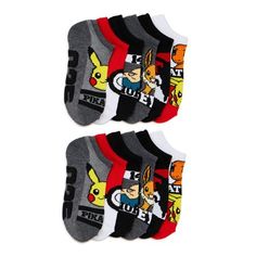 This 12-Pack of Pokemon Boys No Show Socks make an adorable fashion accessory for your child! Featuring Pikachu, Snorlax, Eevee, and Charmander, these socks can be paired with just about any outfit of choice. Lightweight and breathable, they offer superior comfort that's perfect for all-day wear. Color: Gray.  Gender: male.  Age Group: kids. Multicolor Casual School Socks, Casual Multicolor School Socks, Pokemon Sketch, Boys Socks, Kids Clothes Boys, Crazy Socks, No Show Socks, Boy's Clothing, Pikachu