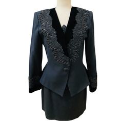 Gorgeous Vintage New Nolan Miller “Dynasty” 3pc Jacket , Camisole, Skirt~ Lined Suit. Black Wool Crepe , Velvet, Sequin Beaded French Alencon Lace. Size 10. Jacket~ Shoulder 16.5”, Sleeve 24”, Underarm 38”, Waist 31.5”, Length 23”( Has Shoulderpads/One Beaded Button Snap Closure) ***Skirt~ Waist 29”, Hip 39.5”, Length 16-3/4”. ***Camisole~Bust 36”. Beautiful Designer Cocktail Evening Dressy Suit. New Condition/Never Worn Elegant Embellished Evening Sets, Elegant Black Embellished Sets, Tailored Embellished Evening Sets, Tailored Embellished Sets For Evening, Elegant Fitted Embellished Set, Elegant Embellished Formal Sets, Elegant Embellished Suits For Evening, Elegant Embellished Evening Suits, Elegant Embellished Sets For Formal Occasion