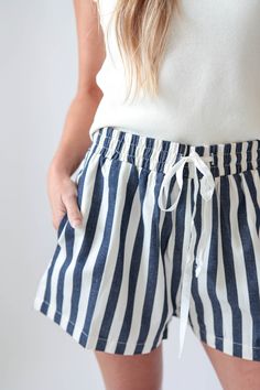 Stripe Twill Denim Shorts Casual Striped Bottoms With Drawstring, Vacation Shorts With Elastic Paperbag Waist, Vacation Paperbag Waist Shorts With Elastic Waistband, Summer Loungewear Shorts With Tie Waist, Casual Vacation Shorts With Tie Waist, Vacation Paperbag Waist Shorts With Elastic Band, Striped Cotton Shorts For Vacation, Relaxed Fit Tie Waist Shorts For Beach, Vacation Striped Cotton Shorts