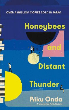 a book cover for honeybees and distant thunder by kiki onda, with people walking in the background