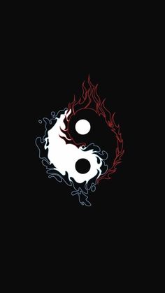 the yin symbol is shown in red, white and blue flames on a black background