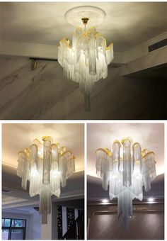 three pictures of the same chandelier in different rooms